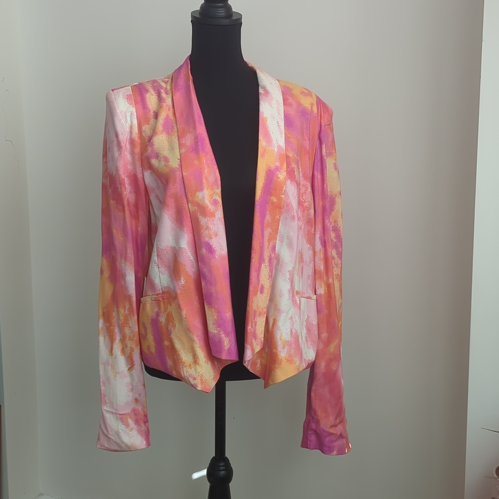 Jessica Simpson Watercolor Tie Dye Draped Open Front Blazer Pink Orange XL